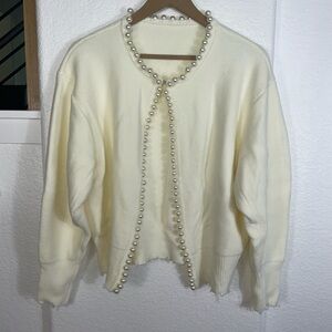 Commense Cream Pearl-Trim Cardigan Sweater